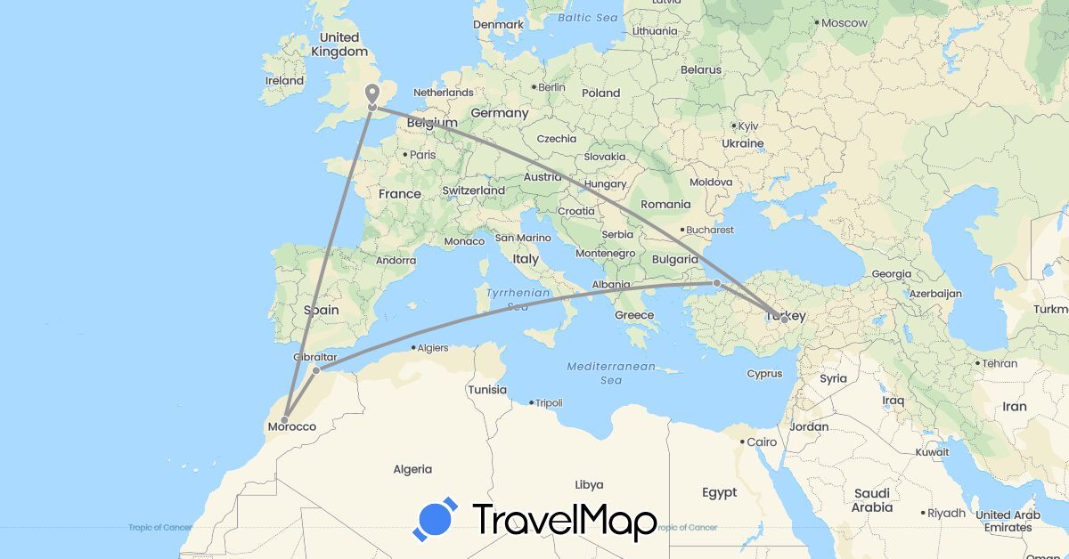 TravelMap itinerary: driving, plane in United Kingdom, Morocco, Turkey (Africa, Asia, Europe)