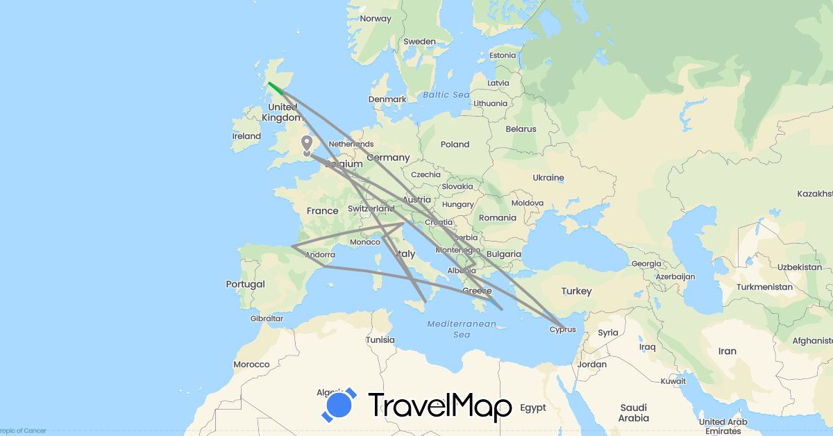 TravelMap itinerary: driving, bus, plane, boat in Albania, Cyprus, Spain, United Kingdom, Greece, Italy, Macedonia (Asia, Europe)